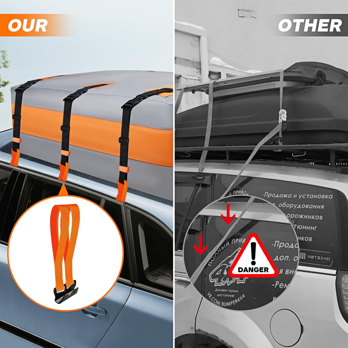 6 Car Door Hook Straps with Double Loops - Universal Roof Rack Straps for Secure Cargo, No Roof Rack Needed, Heavy-Duty Waterproof Design, Compatible with Most Cars(Orange)