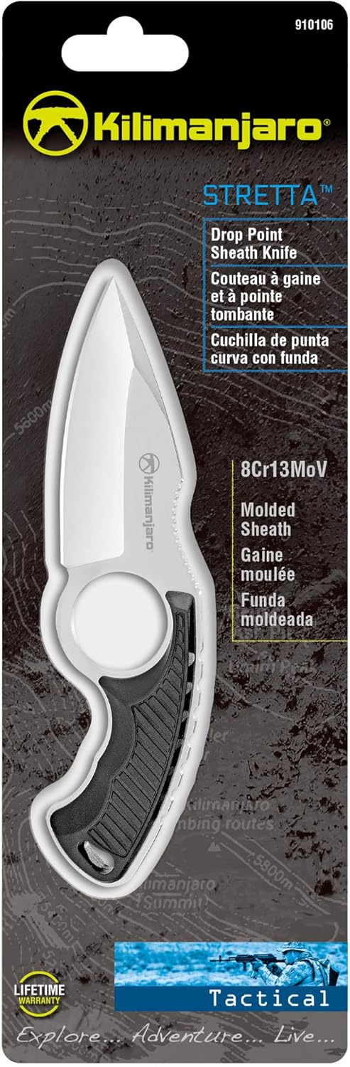 Kilimanjaro 910106 Men's Stretta Tactical Neck Knife - with 6.4-inch overall length, 8Cr13MoV Stainless Steel 3.2-inch Blade, Formed Sheath and carry chained included