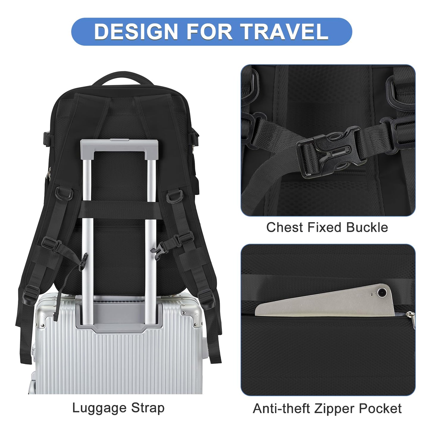 Expandable Travel Backpack For Women Men Airline Approved Personal Item Backpack For Airlines Carry On Backpack Flight Approved Waterproof Backpack For Traveling On Airplane Gym Travel Bag Black