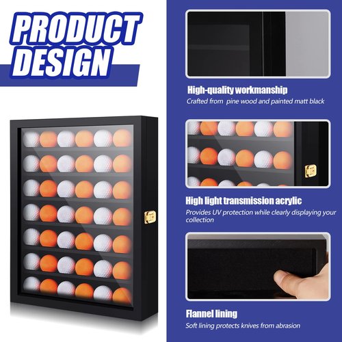 Sintuff 49 Golf Ball Display Case Solid Wood Golf Ball Holder Rack Gift Black Display Rack Cabinet Wall Mount Shadow Box for Enthusiast Collectibles with Lockable Acrylic Door