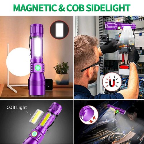 Black Light flashlight, 3 in-1 Rechargeable Flashlights, UV Light Magnetic LED Flashlight High Lumens, 7 Mode Camping Waterproof Flashlight for Pet Urine Detection ((Black + Purple) with case)