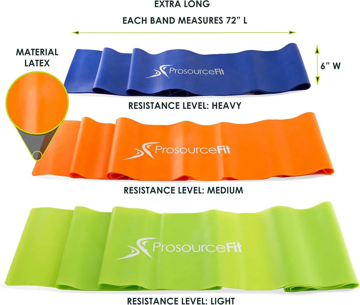 ProsourceFit Therapy Flat Resistance Bands Set of 3 (6’ each-Extra Long) for Stretching, Pilates and Rehabilitation with Door Anchor