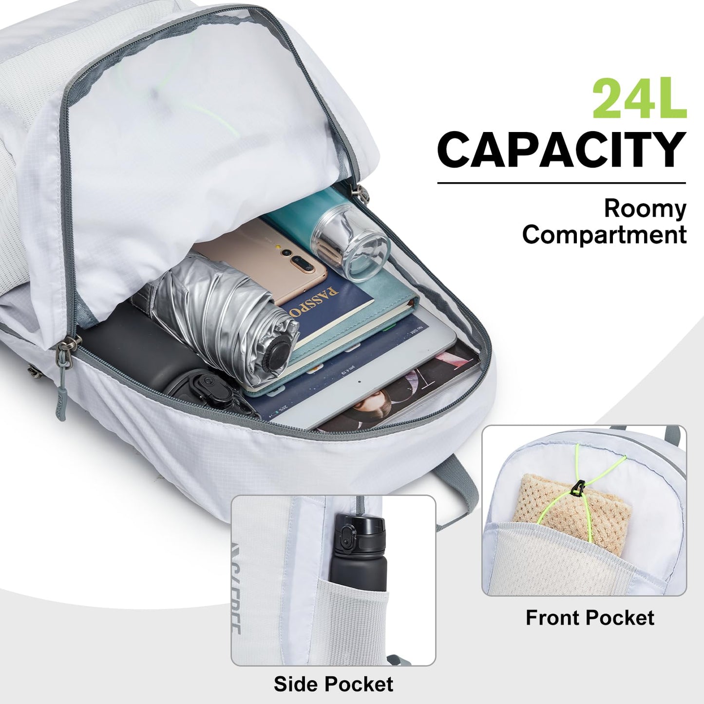 G4Free 24L Lightweight Packable Hiking Backpack Small Sport Travel Daypack Water Resistant for Women Men（White）