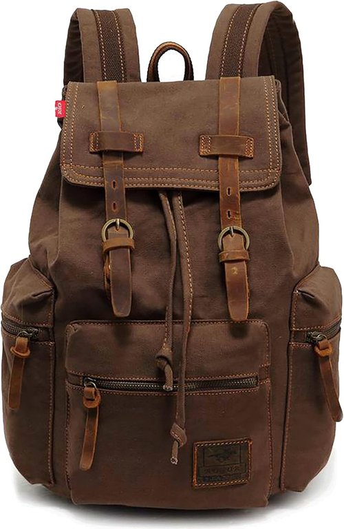 HuaChen Vintage Canvas Backpack with Leather Accents – Durable Travel Rucksack for Hiking, Camping, and Everyday Use – Men and Women M32-Gray-L