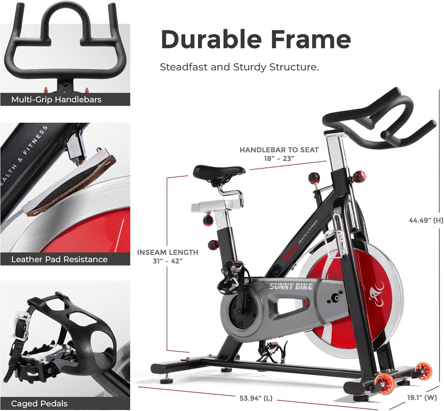 Sunny Health & Fitness Heavy-Duty Indoor Stationary Exercise Bike w/49 LB Flywheel & 275LB Capacity, 4-Way Adjustable Seat & Multi-Grip Handlebar for Cardio Training & Cycling workout at Home