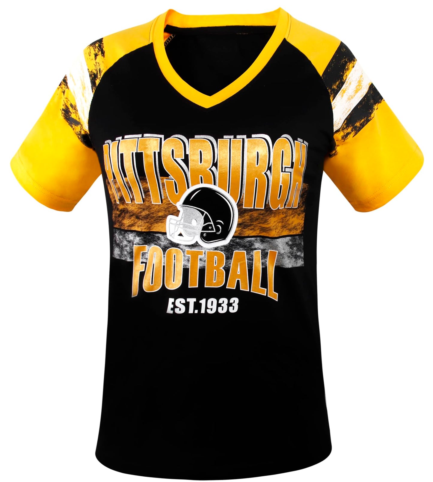 Geneisteck Womens Football Fans V Neck City Raglan T-Shirts - Black & Yellow X-Large