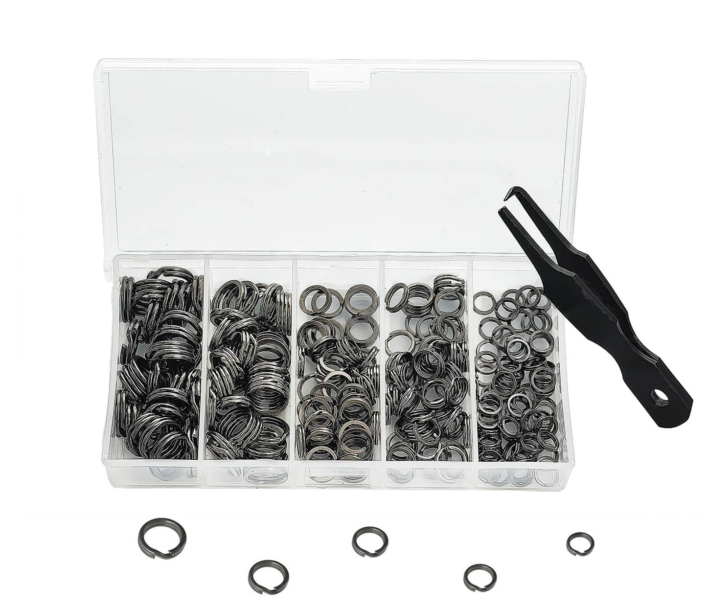 Fishing Split Rings Kit: 250pcs Heavy Duty Steel Fishing Lure Making Ring Fishing Hook Connector Tackle(Black Split Mini Plier Set)