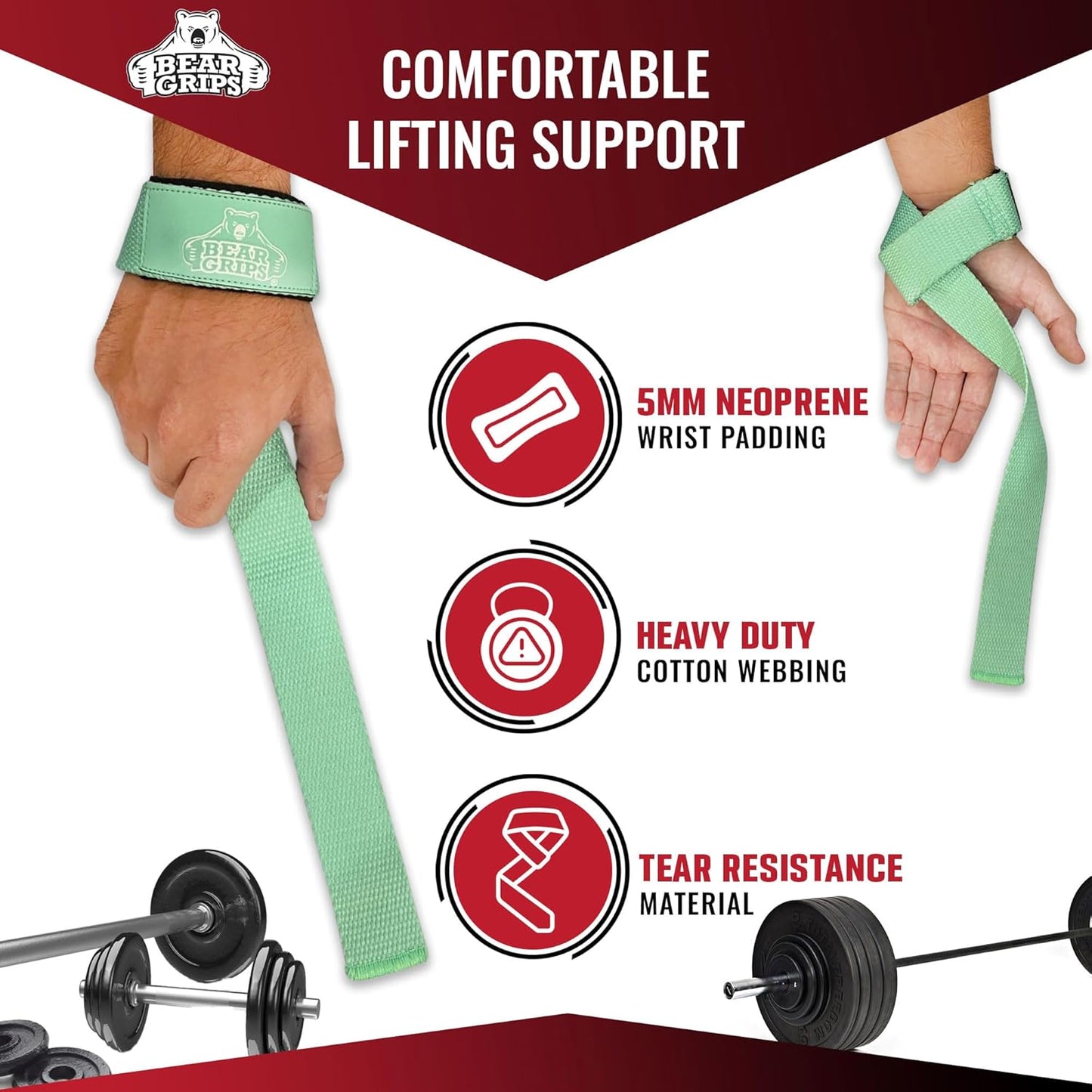 Bear Grips Lifting Straps - Gym & Weightlifting Straps for Men & Women, Deadlift Support, 2 Pairs