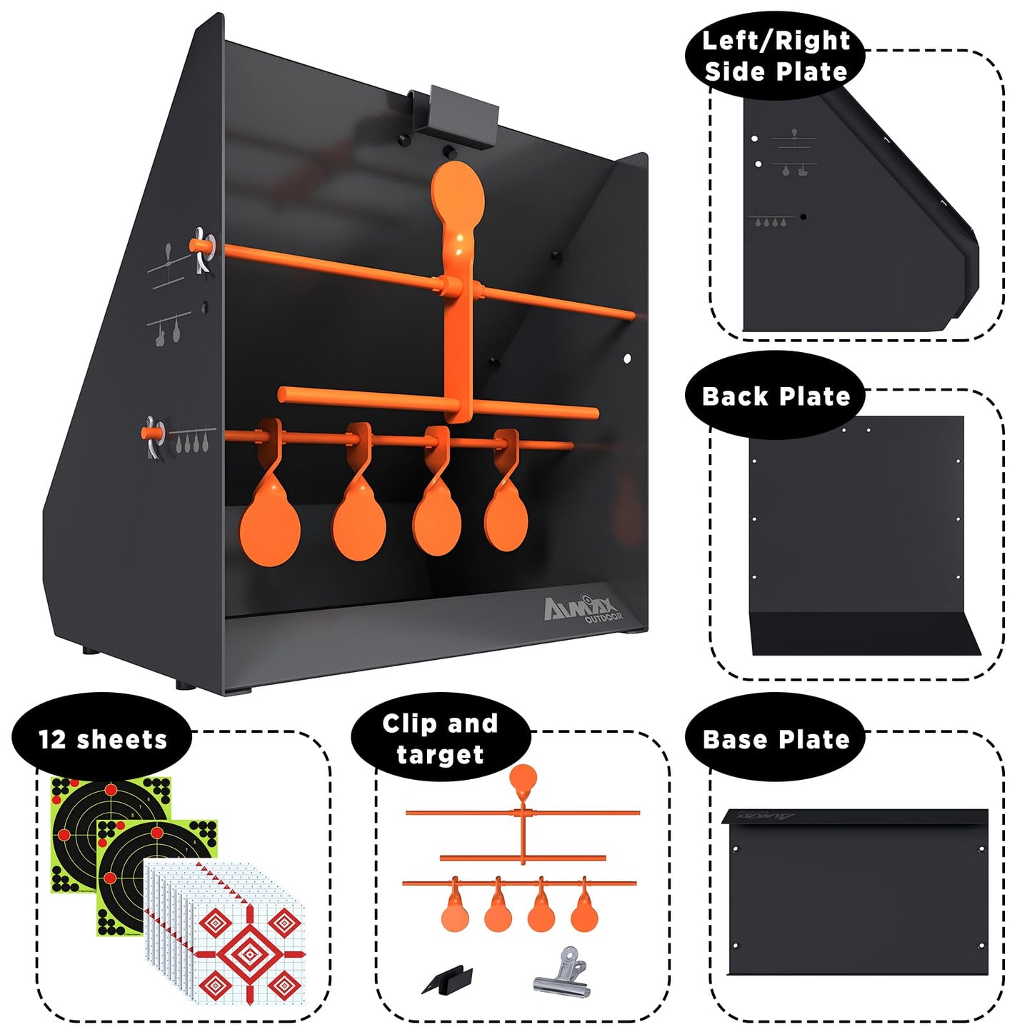 AIMAX OUTDOOR Pellet Gun Target Trap with Center Shot - 12pcs Paper Targets and 4 Resetting Metal Shooting Targets for Airgun, Rifle, Rimfire, Perfect for Backyard, Outdoor, Indoor Shooting Practice