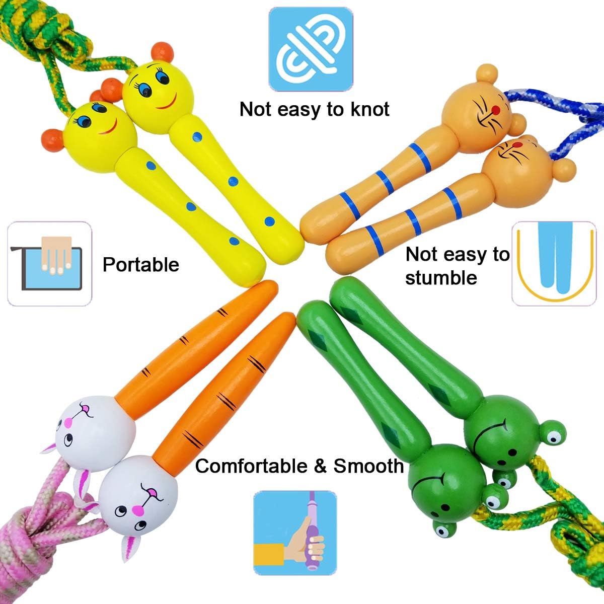 4 Pack Jump Rope with Wood Handles for Kids - Skipping Rope Great for Children and Students Outdoor Fun Activity, Party Favor, Recreation and fitness Keeping Fit.