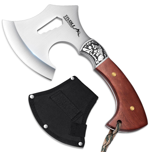 TIVOLI 8.86" Camping Axe, Survival Hatchet with Hex Wrench Slots, High Carbon Steel Blade Outdoor Bushcraft Axe with Nylon Sheath, Ergonomic Wood Grip Camping Gear for Hiking, Chopping, Hunting