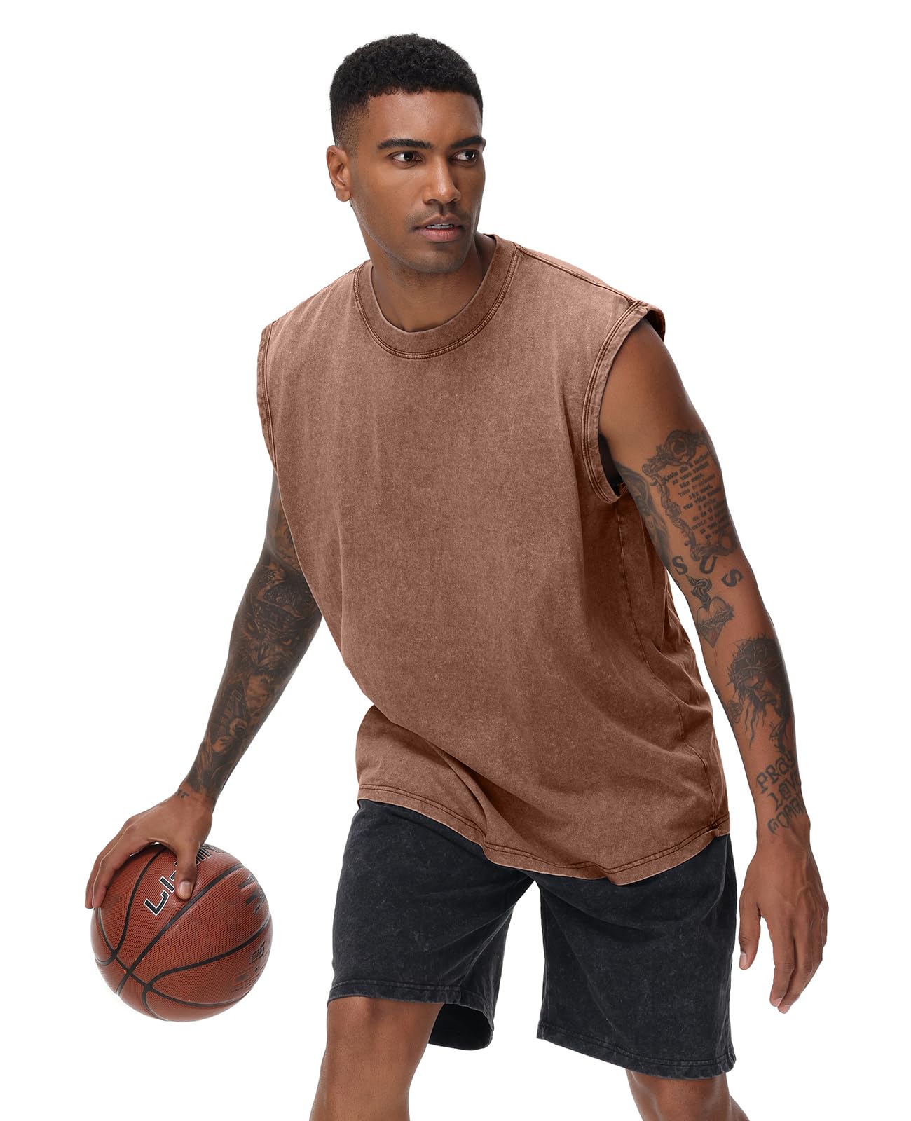 SnowElve 4 Pack Mens Workout Tank Tops Sleeveless Tee Shirts Men Muscle Shirt Gym Acid Wash T Shirts Running Beach Loose Fit Tee(BKGYCFBG,3XL)