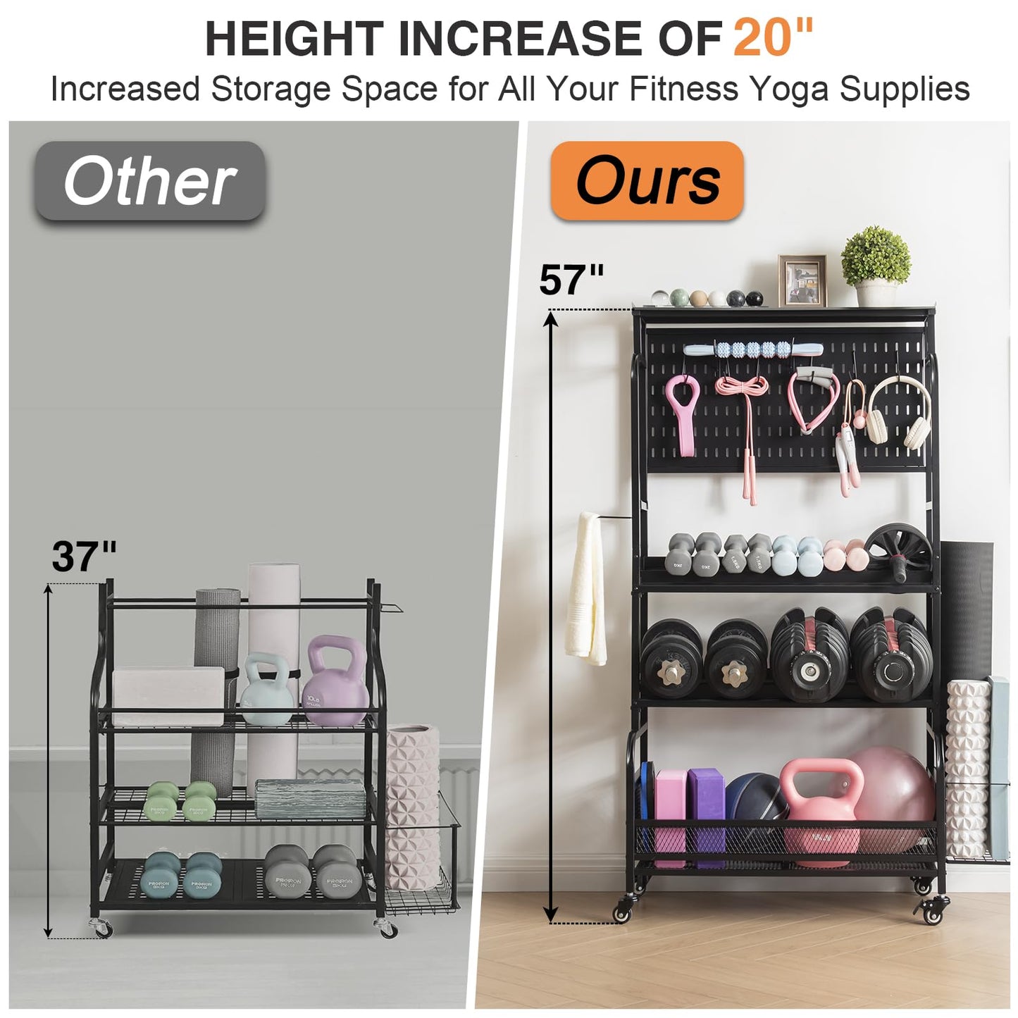 56'' Taller Home Gym Storage Organizer, Yoga Mat Storage Rack with Hanging Board, Exercise Workout Equipment Storage Stand for Home Gym, Dumbbell Holder Kettlebell Rack with Wheels and Hooks (Black)