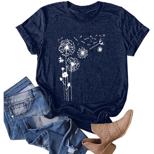 Summer Dandelion Graphic Tees Summer Basic Shirt Tops 2024 Summer Short Sleeve Shirt 2024 Womens Summer T-Shirts 2024 Summer Short Sleeve Shirt(01-Navy,XX-Large)