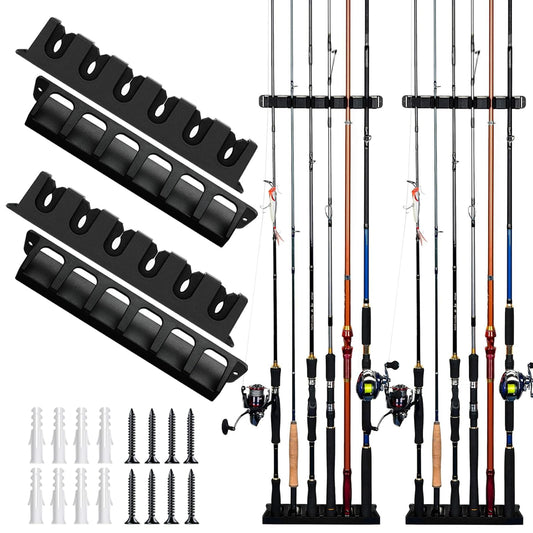 Fishing Rod Holders Wall-Mounted 2 Pairs, Simple Deluxe Fishing Pole Holder & Rack Store up to 12 Rods or Combos for Garage & Boat (Vertical, Black)