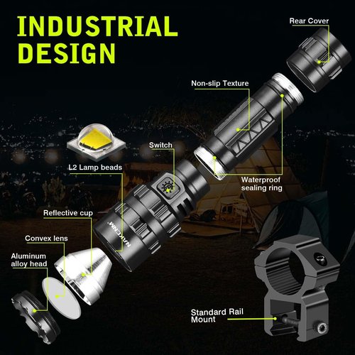 NAKCNM Tactical Flashlight with Picatinny Rails Mount, 3000 Lumen Weapon Light Rechargeable 5 Modes, Remote Pressure Switch Included for Hiking Outdoor Activities