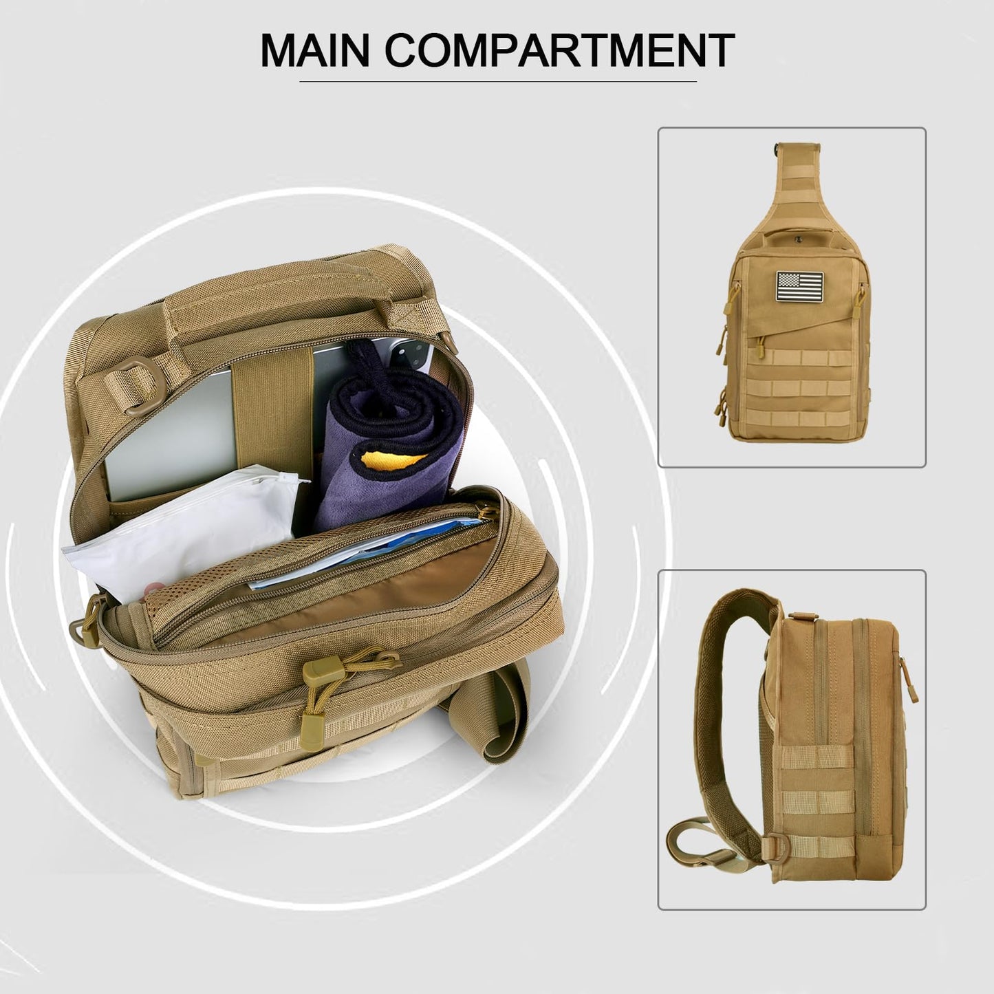 hopopower Tactical Sling Bag for Men Military Shoulder Backpack Range Bag Sport Fishing Bag Pack Small Utility Backpack Crossbody Chest Bag for Every Day Carry, Khaki