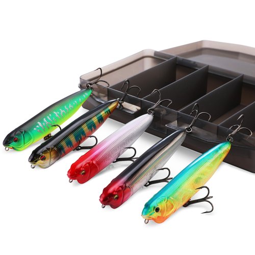 FLISSA 5PCS Top Water Fishing Lures Kits, Bass Fishing Lures for Freshwater & Saltwater, Realistic Hard Bait, Popper Fishing Lure with Treble Hooks for Trout, Bass, Salmon, Walleye Fishing
