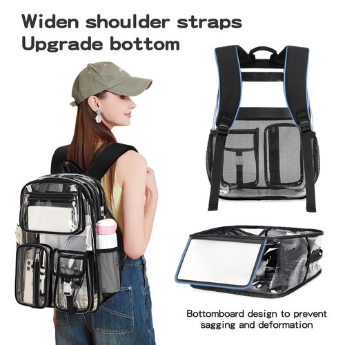 Cusangel Heavy Duty Clear Backpack Clear BookBag,16 x11 x5inch TPU Large Capacity See Through Backpack for Sport Events,Travel (Black)