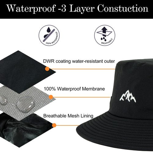 TOP-EX Waterproof Mens Bucket Sun Bucket Hat, Boonie Hiking Fishing Beach Safari Hats for Summer Rain Cap Shade Outdoor - UV Protection SPF Wide Brim Sunhat, Black XL/XXL
