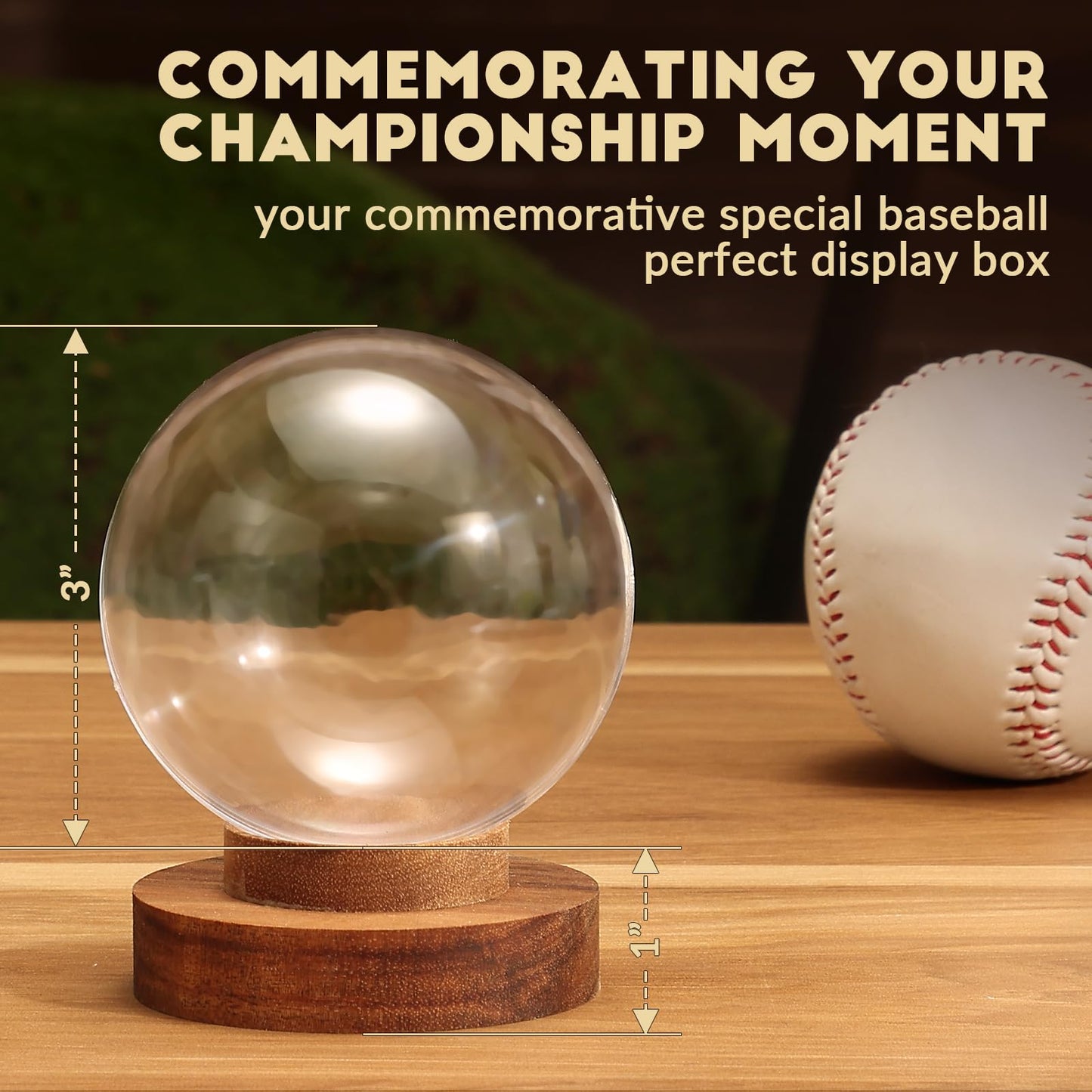 JupDec Baseball Display Case, Round Clear Ball Holder with Wooden Base, Autograph Baseball Stand Box for Single Ball, Acacia Wood, Brown