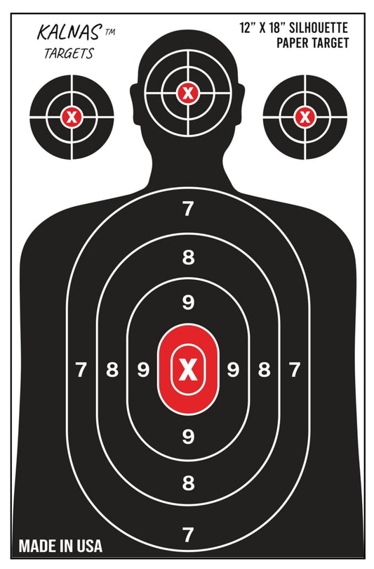 Kalnas Shooting Targets,12 x 18 inch, Bulk Packs of 25, 50, 100 - Silhouette Paper Targets - Ideal for Handguns, Pistols, Rifles - Red Bullseye, Black & White - Elevate Your Shooting Experience (50)