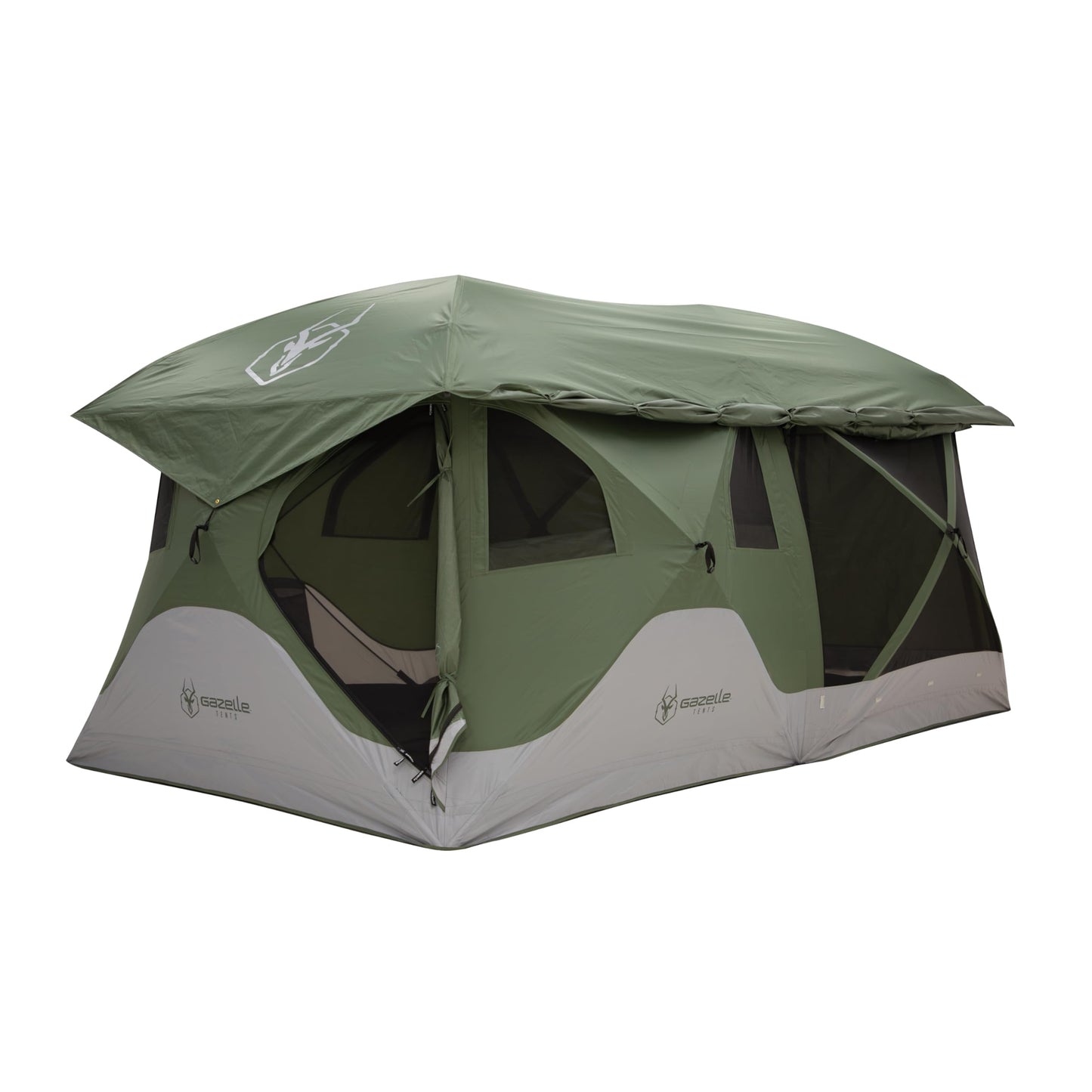Gazelle Tents™, T4 Tandem Hub Tent, Easy 90 Second Set-Up, Waterproof, UV Resistant, Convertible Screen Room, Removable Floor, 4-8 Person, Alpine Green, 78" x 94" x 165", GT450GR