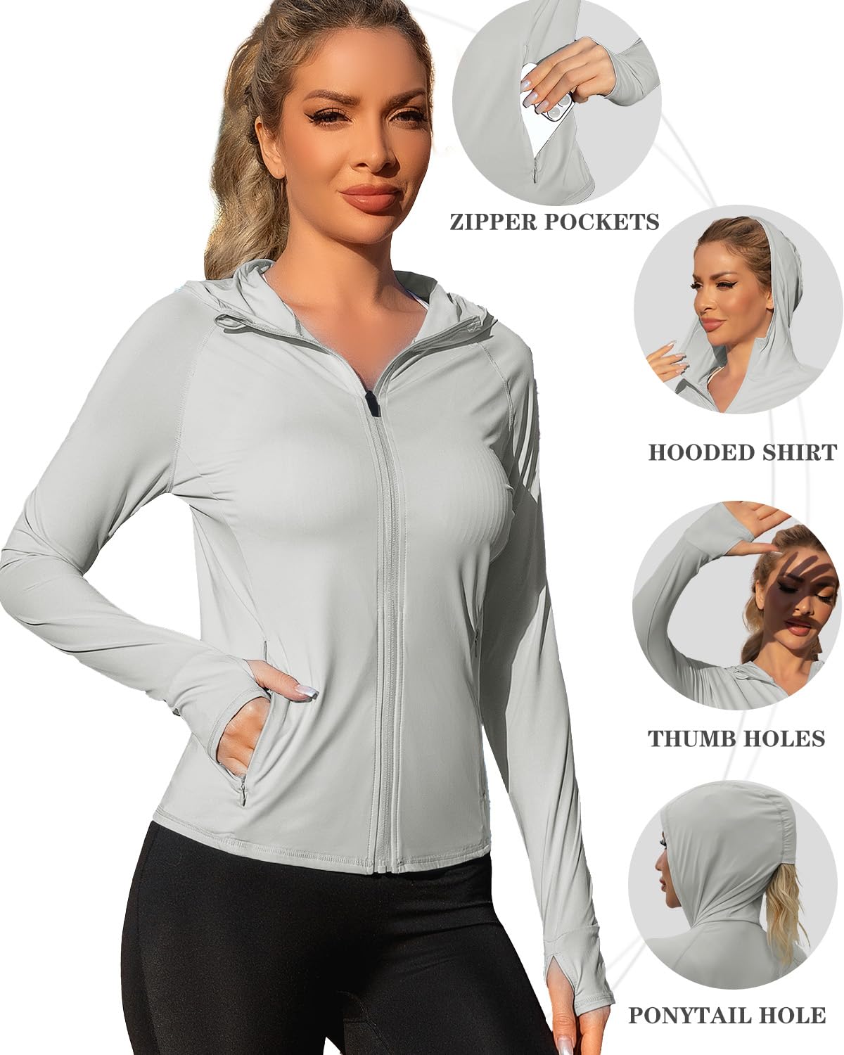 We1Fit Women's Athletic Hoodie Sun Protection Jacket Long Sleeve Sun Shirts Grey