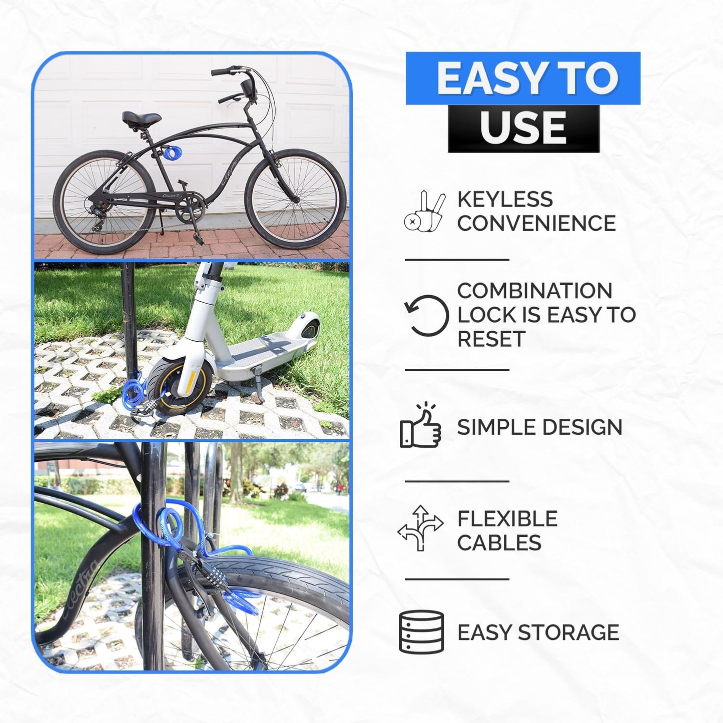 DockLocks Security Cable Lock Set (4' or 6') Coiled, Keyless Resettable Combination, Mounting Bracket, Portable and Compact for Bikes, Scooters 6ft