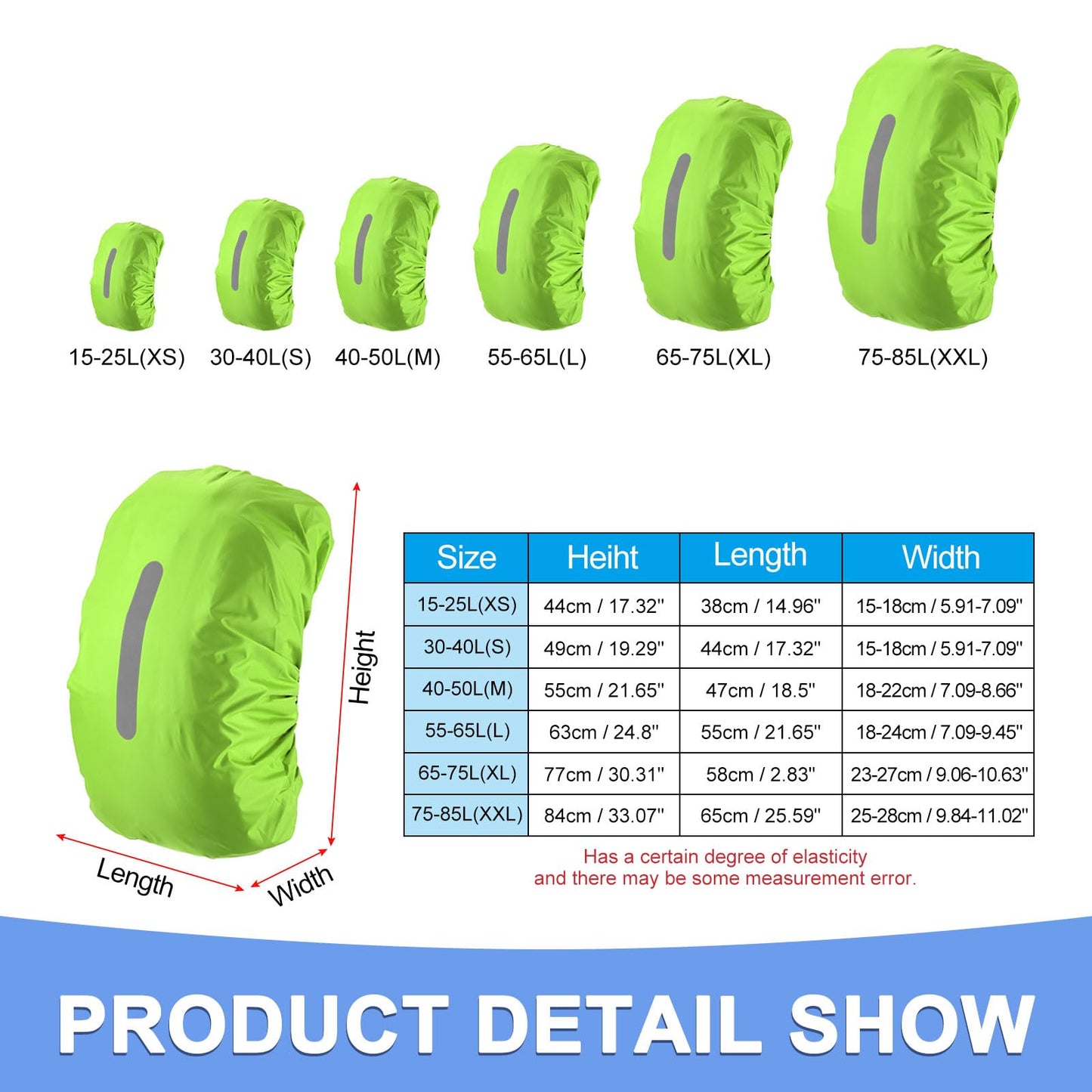 GLOKUUCA Waterproof Backpack Rain Cover - Non-Slip Backpack Cover Hi-Visibility with Vertical Reflective Strap Fits for 30-40L Bag for Biking Outdoor Traveling - S, Lawn Green