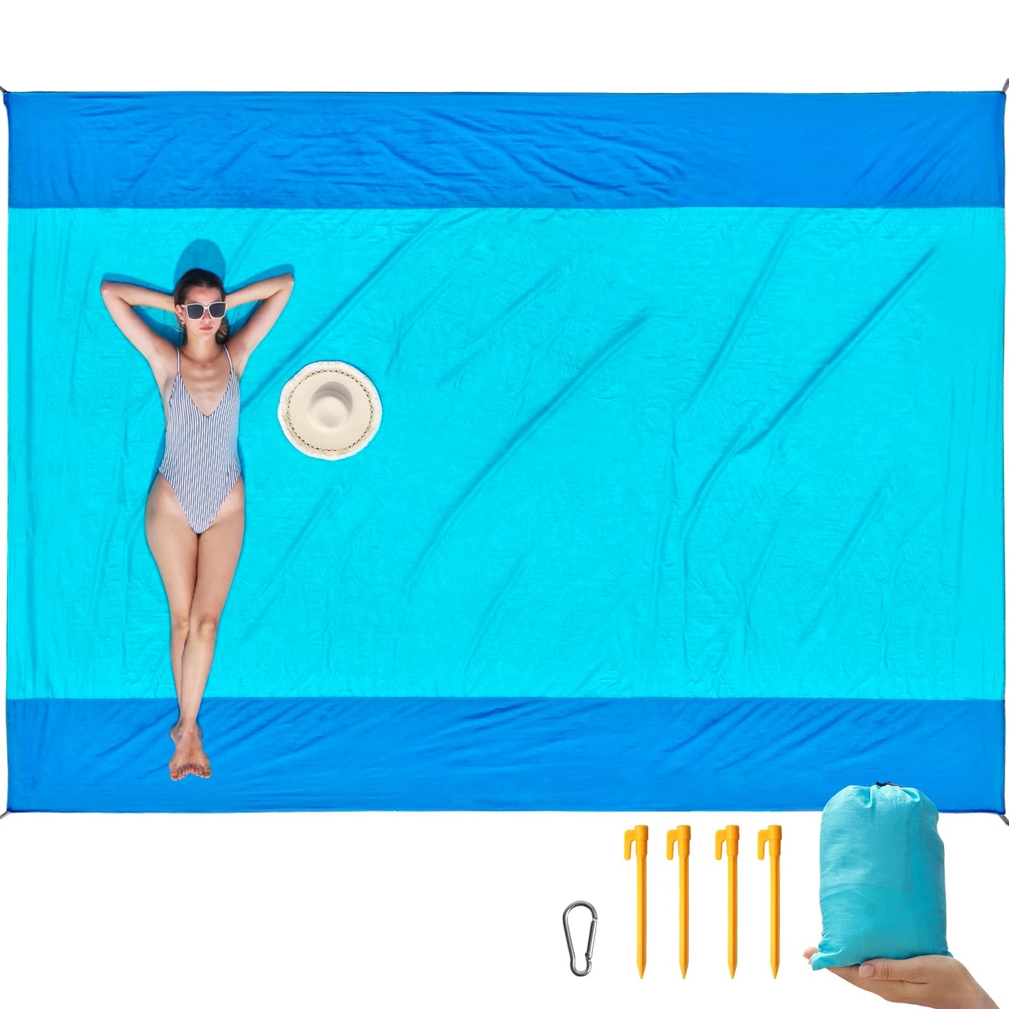 ISOPHO Beach Blanket Sand Proof, Ripstop Nylon Picnic Blankets, Extra Large Beach Mat Quick Drying, Lightweight & Durable, for Outdoor Activities, Travel, Beach Picnic, 106 x 83 Inches, Blue