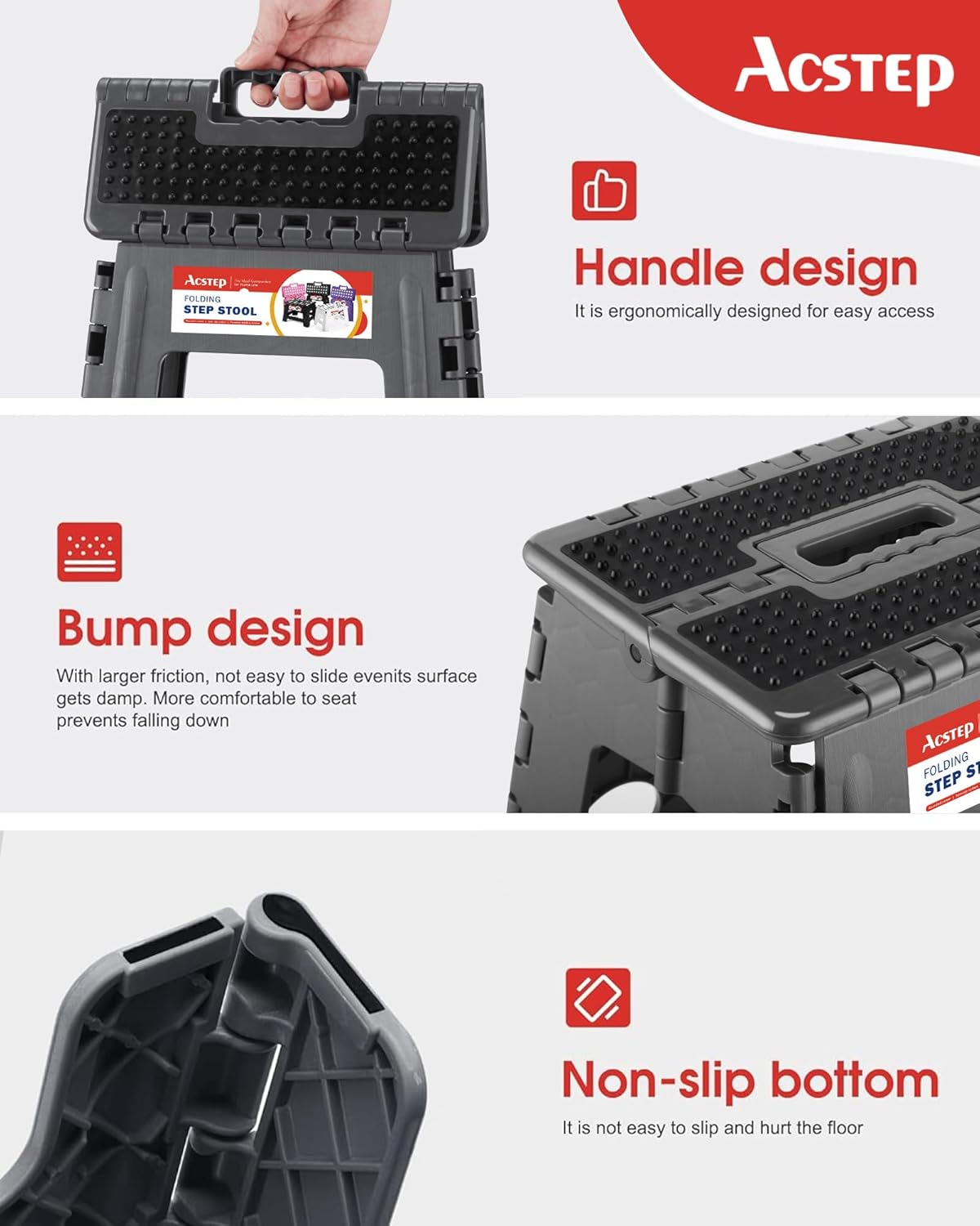 ACSTEP Folding Step Stool Foldable Stool 7.5 Inch Height Kids Step Stool, 300 lb Capacity Plastic Collapsible Stool, Stepping Stool with Handle Black Small Step Stool, Foot Stool Suitable for Kitchen