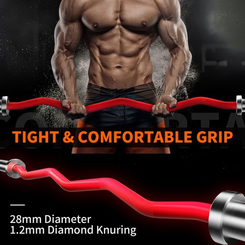 LOEFT EZ Curl Bar 47" Ceramics Finish Olympic Barbell 4 ft, 500 lbs Capacity with 4 Needle Bearings, Copper Sleeve for Weightlifting, Hip Thrusts, Squats and Lunge, for 2 Inch Weight Plates (Red Ceramics Finish)