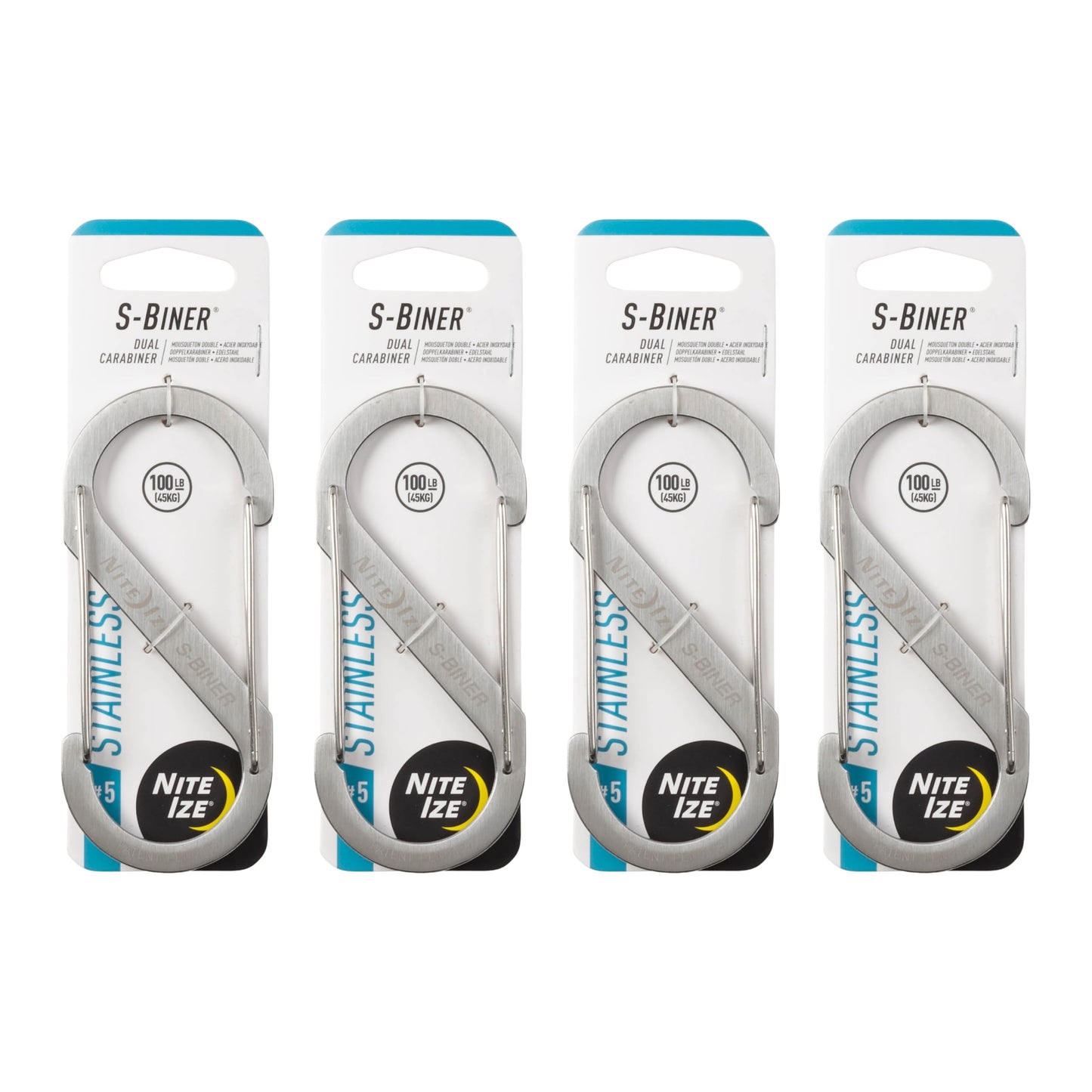 Nite Ize S-Biner Stainless Steel Dual Carabiner - Multi Purpose Dual Carabiner Clip - Great for Camping Supplies & Hiking Essentials - Secure Key Holder - Size 5, Stainless Steel (4 Pack)