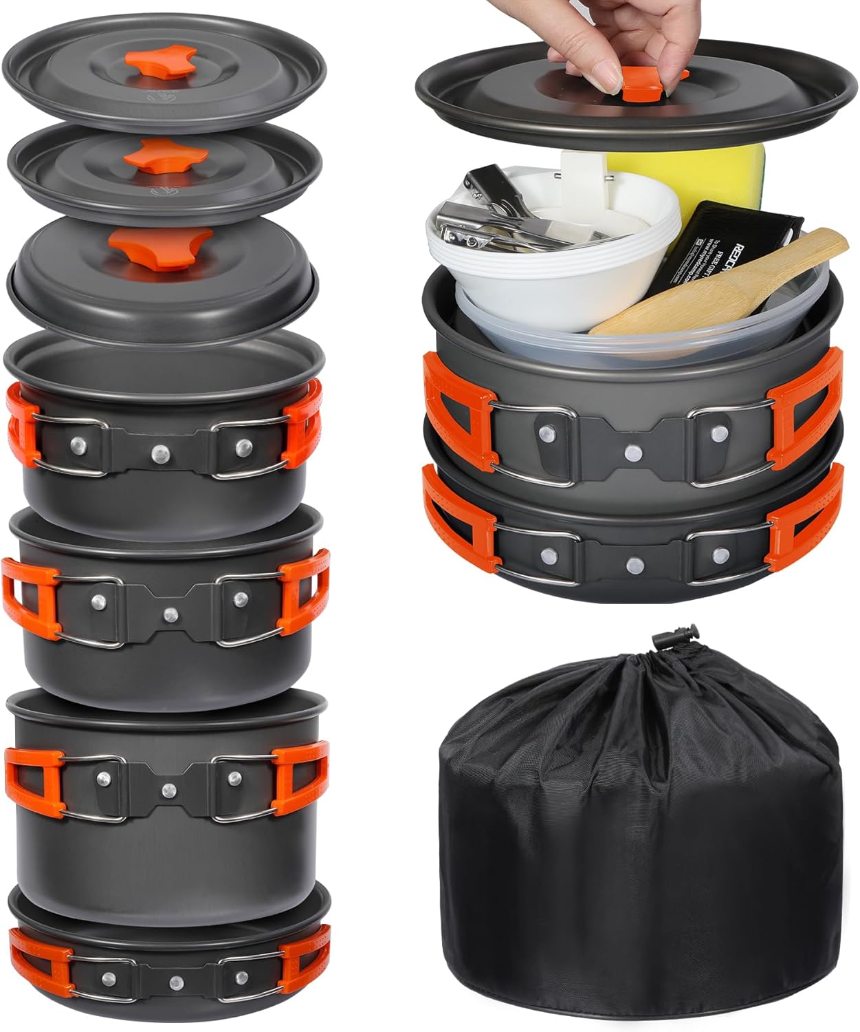 REDCAMP 6/10/11/12/14/15/19 PCS Camping Cookware Mess Kit Camping Gear Campfire Utensils Lightweight Stackable Pot Pan Bowls Soup Spoon with Storage Bag for Camping, Backpacking, Outdoor Cooking