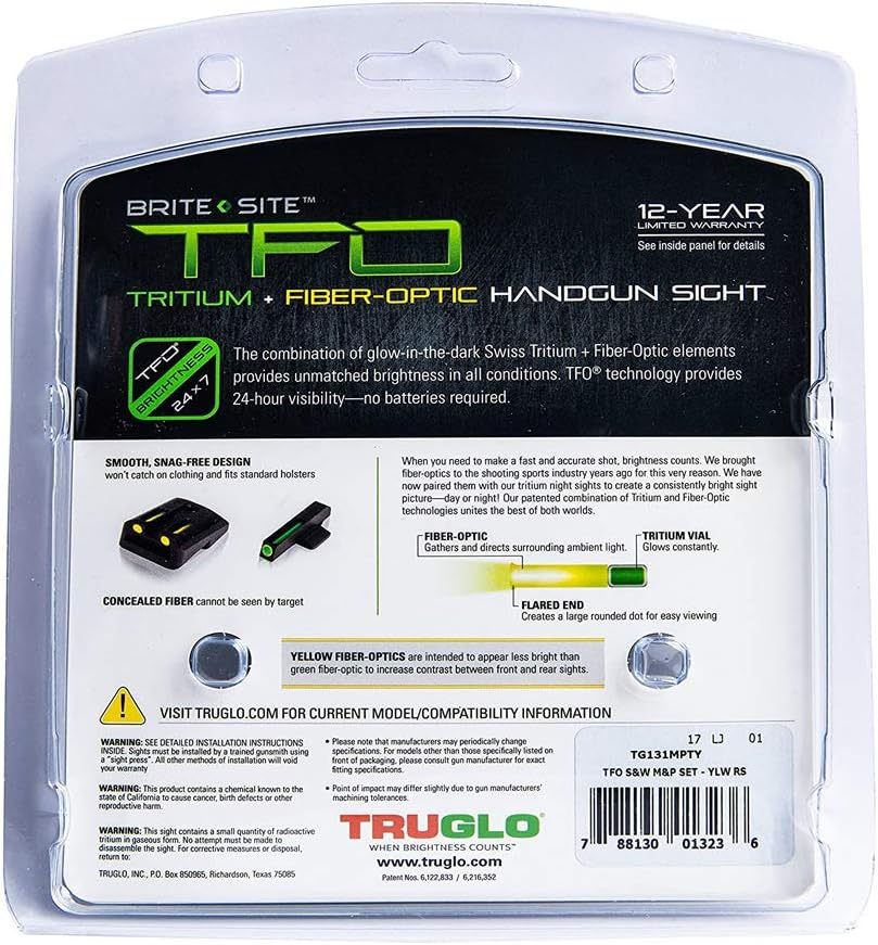 Truglo TFO Tritium & Fiber-Optic Handgun Sight Durable Snag-Resistant Glowing Front & Rear Night Sight, Compatible with Smith & Wesson M&P Series
