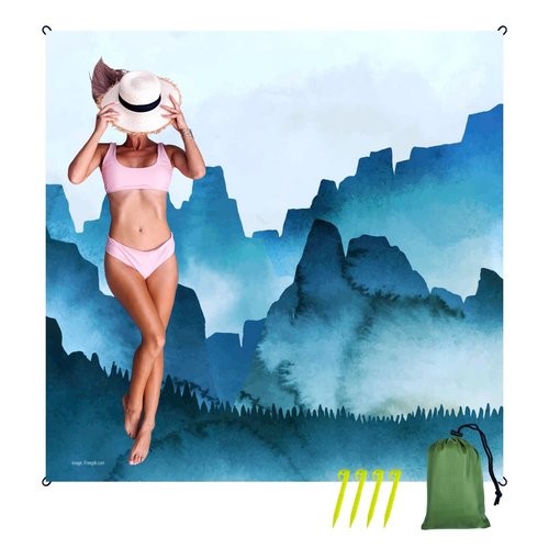Oversized Sandproof Beach Blanket (83"x81"), Extra Large Beach Sheet for Up to 6 People. Sandfree Beach Mat, Big Sand Blankets with Sand Bags and Stakes. (Cyan Mountain)