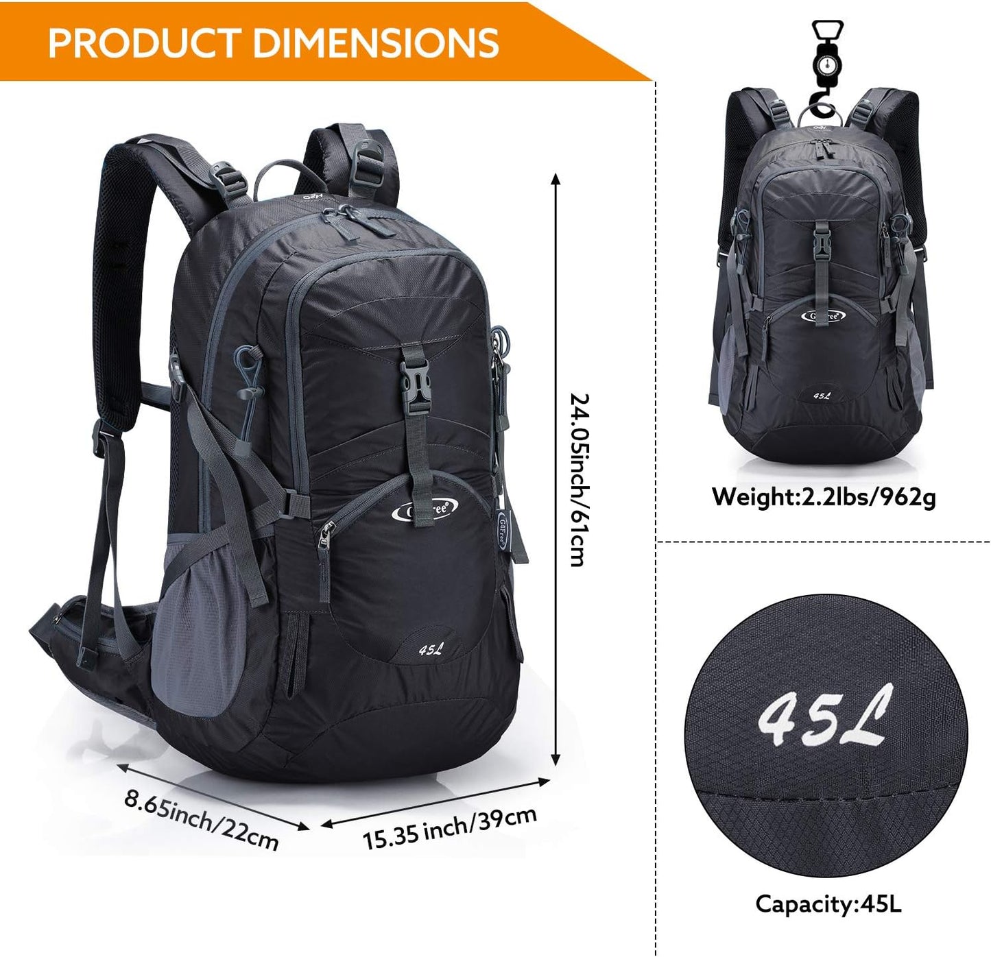 G4Free Hiking Backapck, Dark Grey, One Size