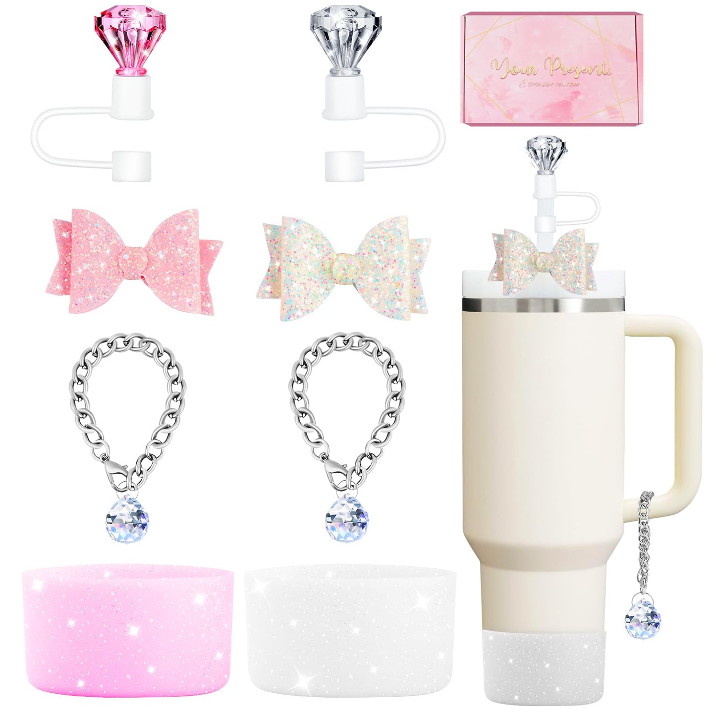 8Pcs Diamond Accessories for Stanley Cup Glitter Straw Topper Silicone Boot Bow Tie Crystal Handle Charms for Stanley Cup 30&40 Oz Pink Tumbler Cup Water Bottle Accessories Set Reusable Straw Cover