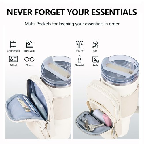 SUITMAT Water Bottle Pouch for Stanley Quencher Series Tumbler, Large Pouch Bag for Stanley Cup Accessories, Cup Backpack with Multiple Pockets for Phone, Cards, Keys (Bag Only)