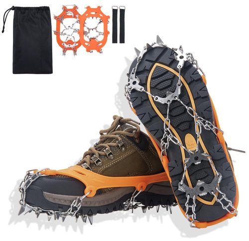 Crampons, Ice Cleats for Shoes and Boots, Traction Snow Grips, Anti Slip 19 Stainless Steel Spikes Safe Protect for Women Men Kids Hiking Climbing (Orange, XL)
