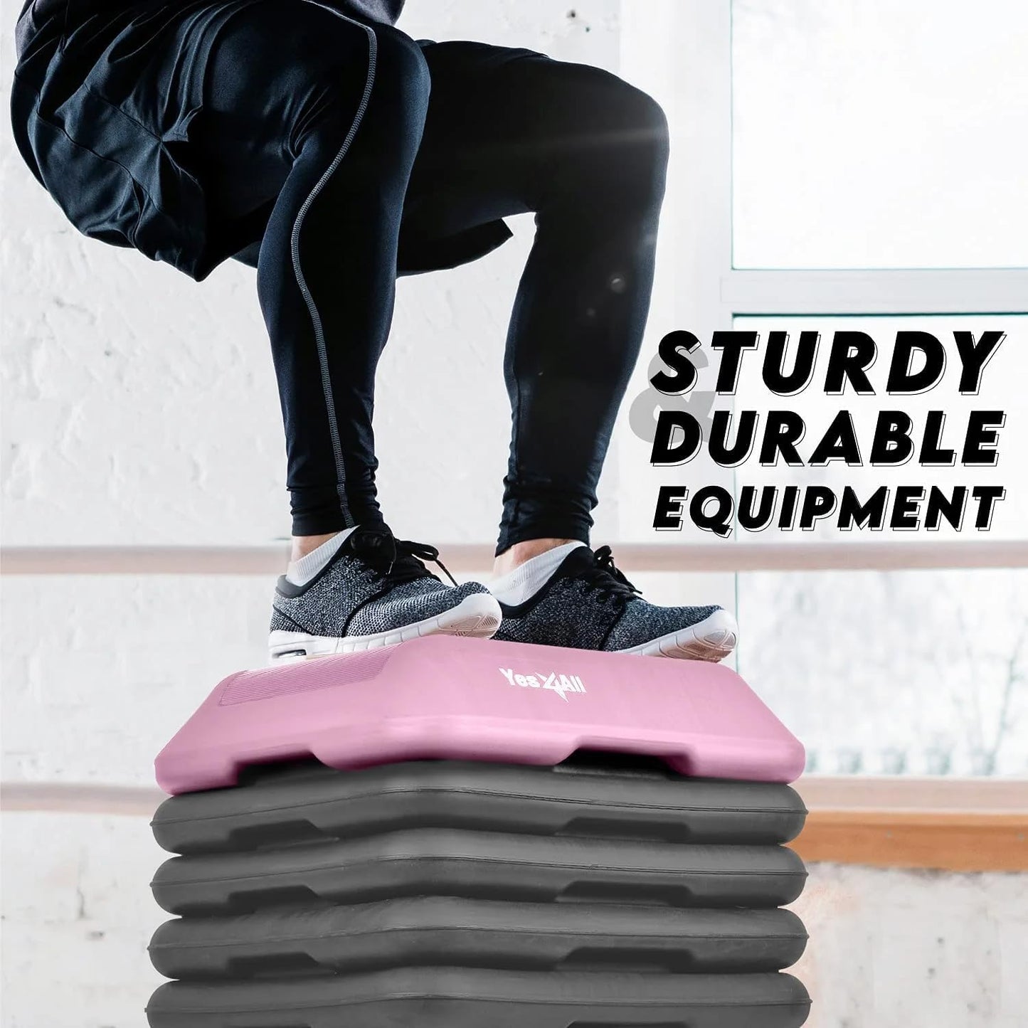 Yes4All 16"x16" Adjustable High Step Aerobic Platform with 4 Risers, Height-Adjustable 4"-6''-8''-10''-12" Step Aerobics Platform for Home Gym Exercise Fitness Workout