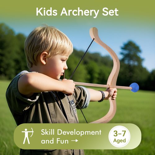 WOODEN TEETHER Kids Bow and Arrow Set，Wooden Toy Bow and Arrow for Kids 4-6 Archery Set Includes 3 Arrows, 3 Targets and Quiver,Indoor & Outdoor Play for Children Boys & Girls