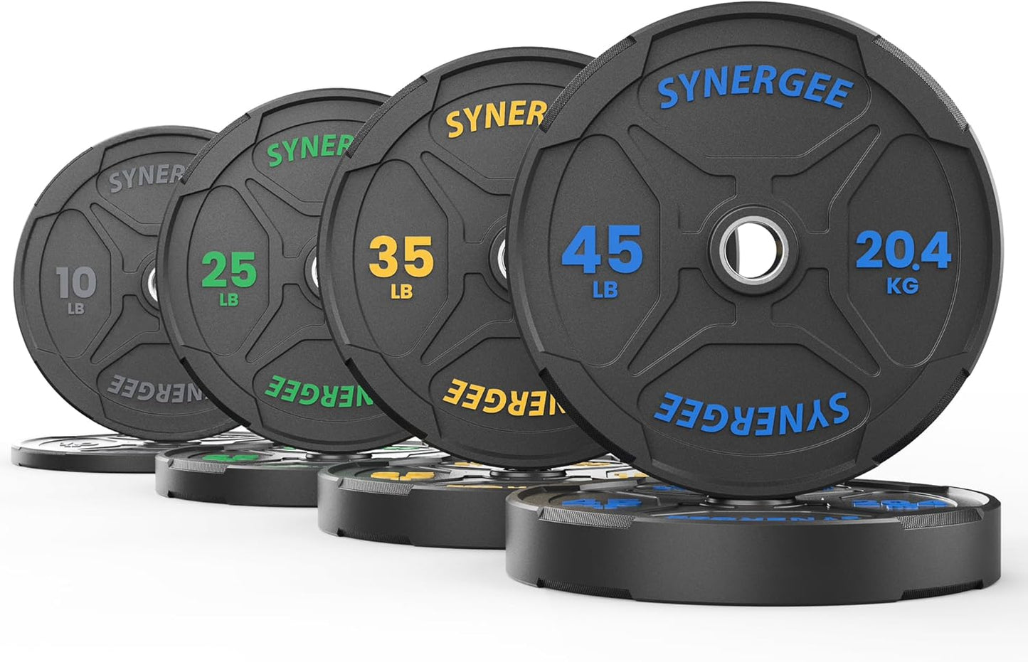 Synergee Bumper Plates – Durable Olympic Weight Plates, Low-Bounce Rubber for Strength Training, Powerlifting, and Functional Workouts.