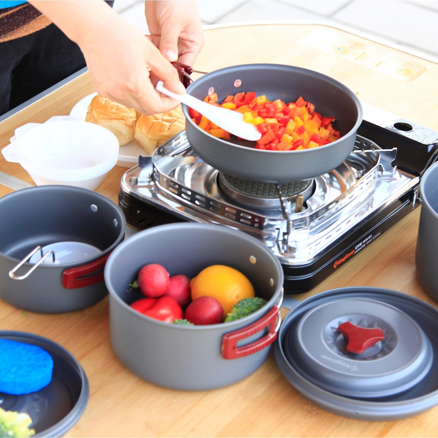 KingCamp 15PCS Aluminum Camping Cookware Set Open Fire Cookware Backpacking Cooking Mess Kit Lightweight Camping Pans and Pots Kit for Hiking Cooking Outdoors