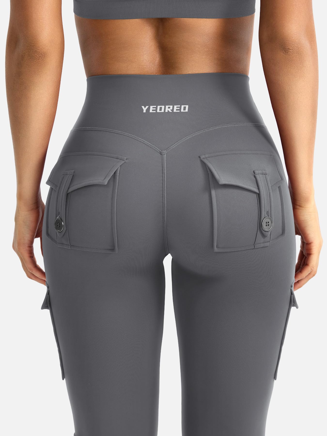 YEOREO CoreFlex Women Workout Flare Leggings with Pockets Hidden Scrunch Cargo Gym Yoga No Front Seam Leggings Lara Smoke M