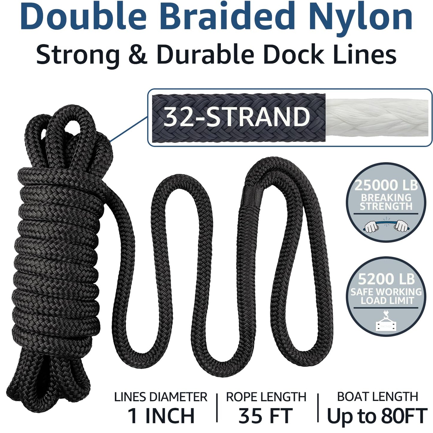 PACTHSD 2 Pack 1" x 35' Dock Lines - Marine Grade Nylon Boat Rope with 24" Loop for Docking and Mooring - Double Braided Boat Lines, High Strength, Heavy Duty, Easy Handling, Fray Resistant - Black