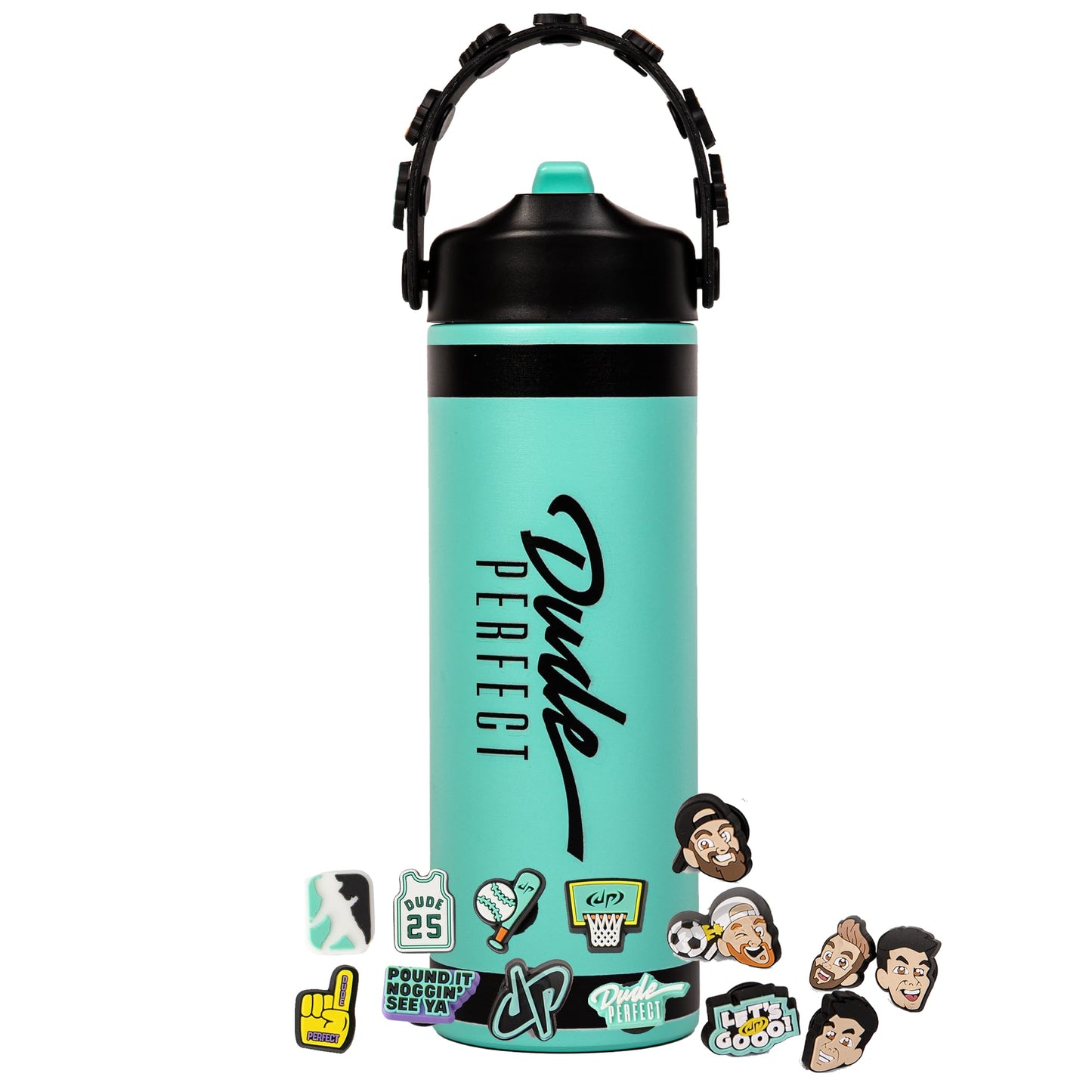 Dude Perfect Water Bottle with Rare Charms | Stainless Steel Double-Wall Vacuum Insulation | Leak Proof Flex Straw Lid | NOGGZ for Carry-Strap | Sports Grip Reusable Travel Cap for Kids | 24 oz Teal