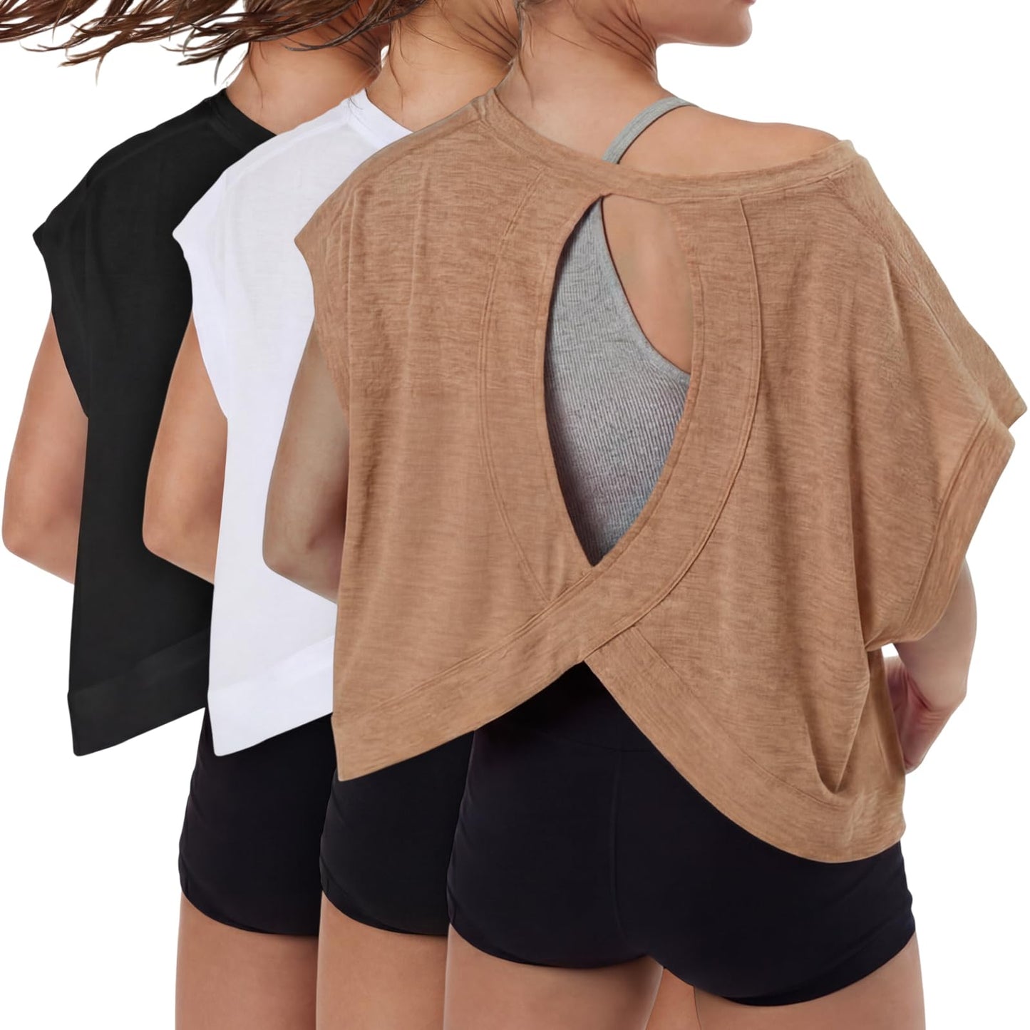 Breathffy 3 Pack Women Open Back Workout Crop Tops Short Sleeve Athletic Backless T Shirts Loose Fit Running Gym Yoga Tees(Small,Black,White,Khaki)