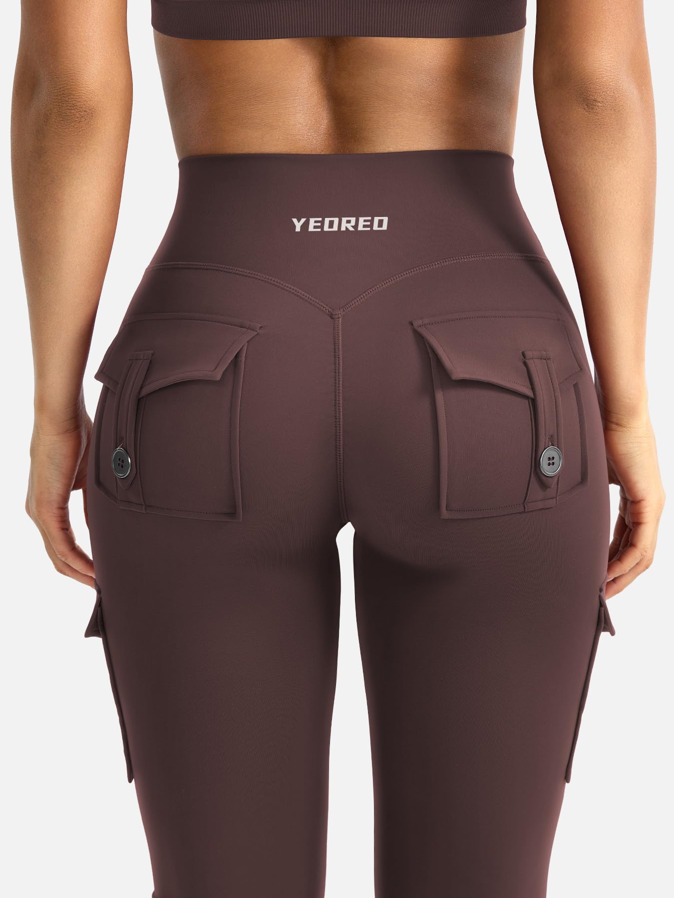 YEOREO CoreFlex Women Workout Flare Leggings with Pockets Hidden Scrunch Cargo Gym Yoga No Front Seam Leggings Brown XXL